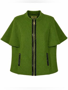 Kee Yau Wong 2X Boiled Wool Cape Jacket Green Zip Front Plus Size